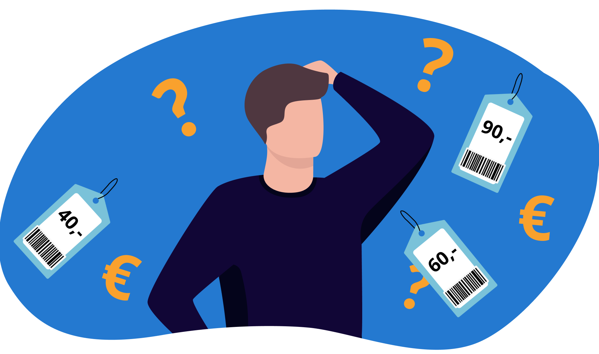 Ilustração de uma pessoa com dúvidas em relação ao preço dos produtos